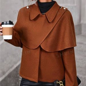 SHEIN LUNE Women's Button Detail Woolen Coat With Cape Collar